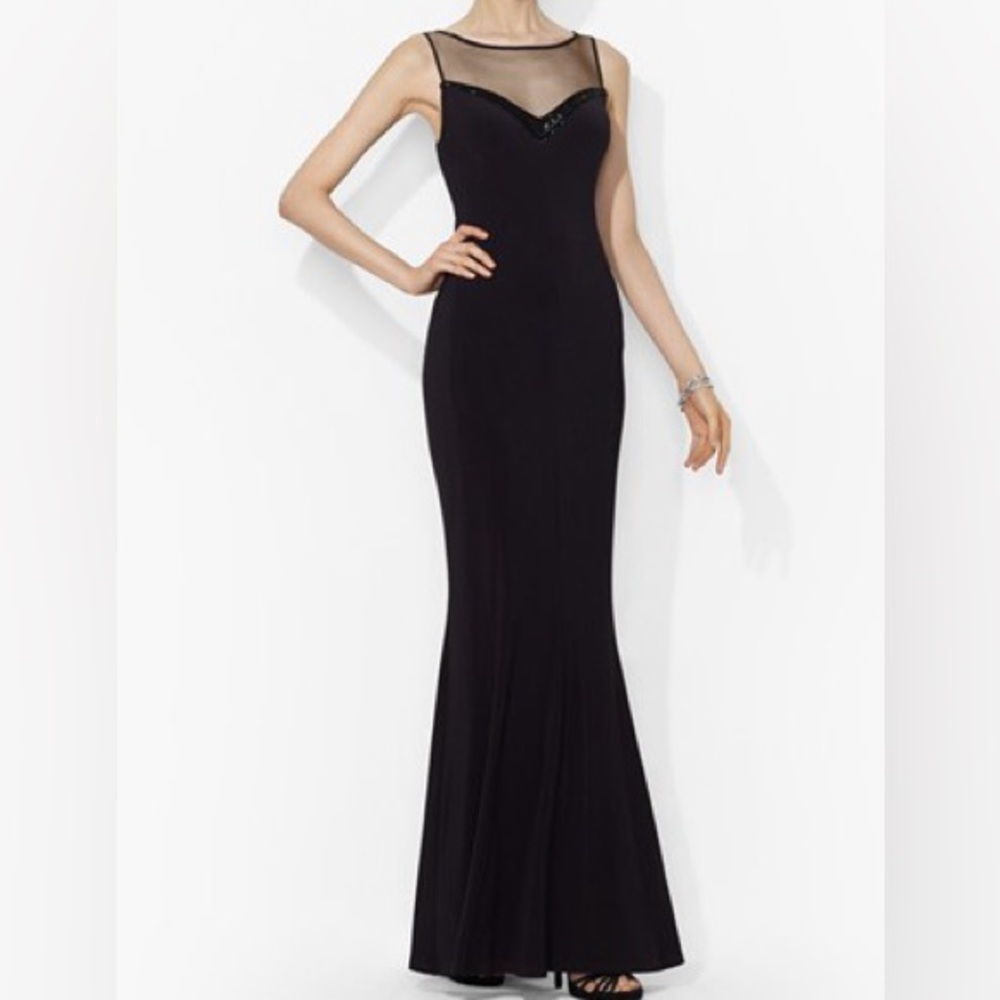 Ralph Lauren Black mesh yoke beaded mermaid jersey sleeveless evening gown 10